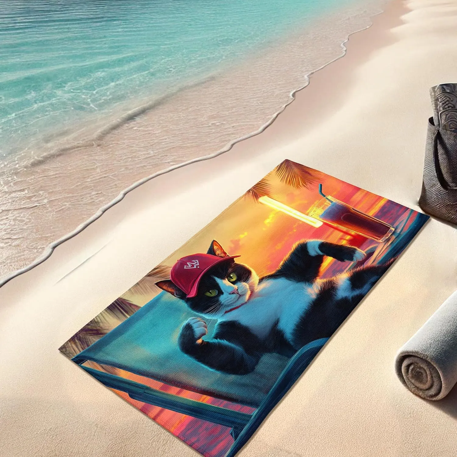 Cool Cat Microfiber Beach Towel Tropical Sunset Design, Quick Dry Absorbent Sand Free Lightweight Beach Blanket, Summer Pool Picnic Essentials 62x31 Inch