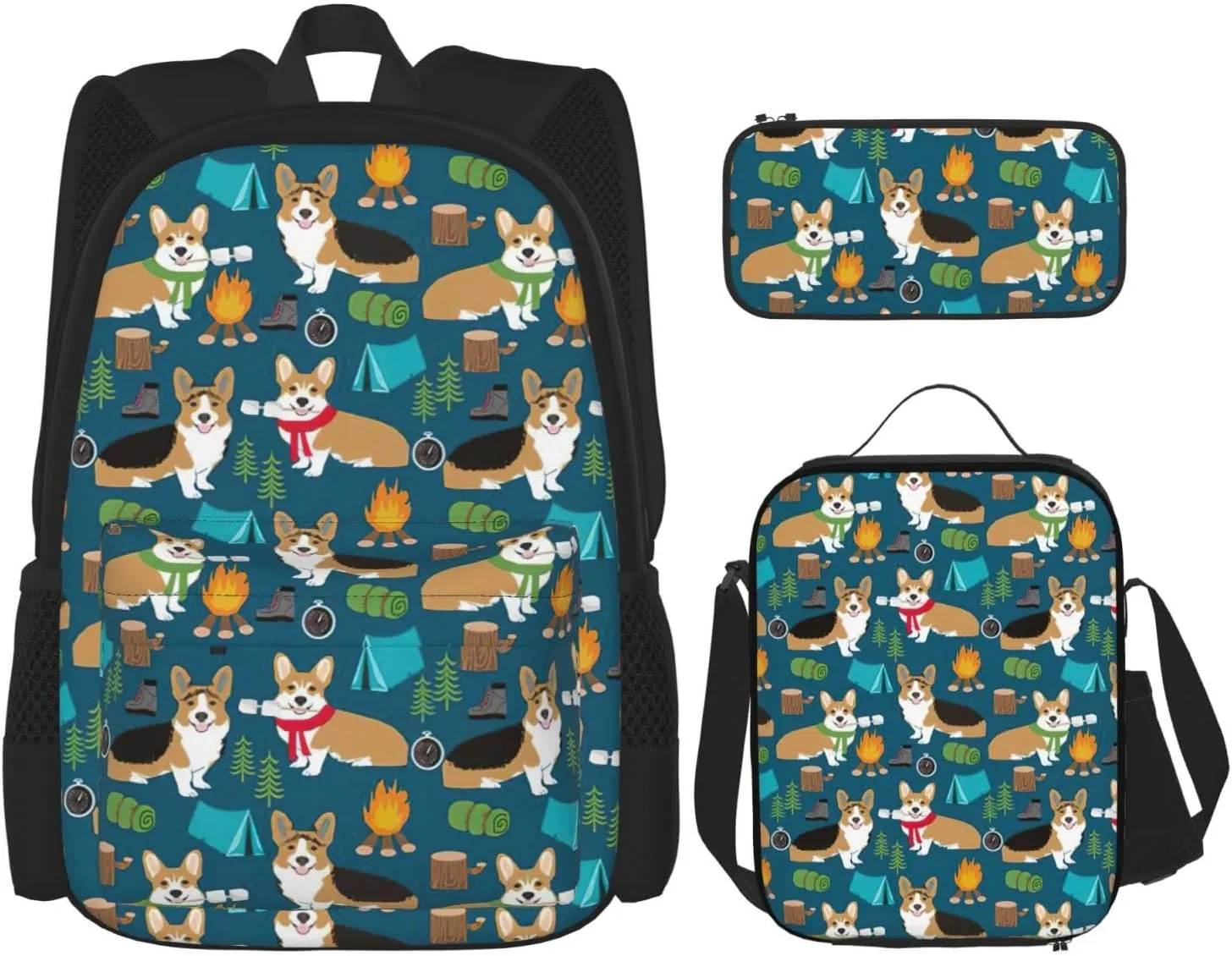 Corgi Print Versatile Adjustable Shoulder Fashion Backpack Lunch Bag Pencil Case Large Capacity
