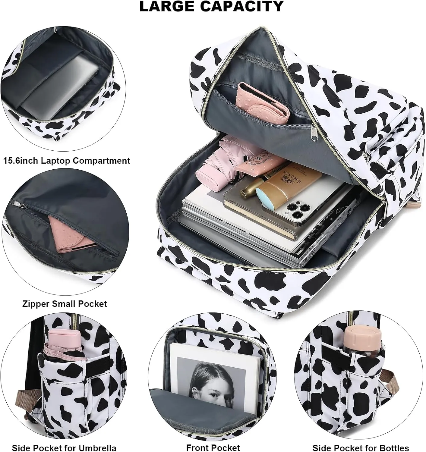 Cow Print Laptop Backpack for Women Girls, 15.6 inch College School Backpacks Travel Casual Daypack