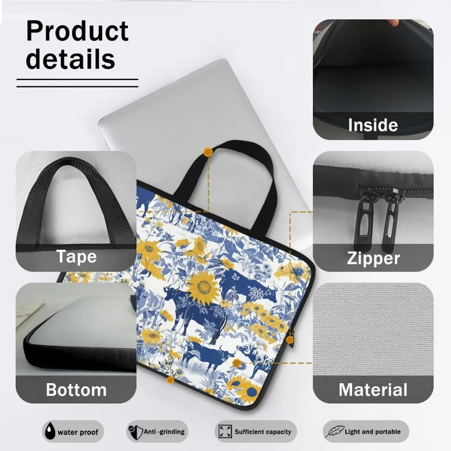 Cow Sunflower Laptop Sleeve Case Tablet Notebook Computer Bags Messenger Handbag for Women Men Travel Business School Work