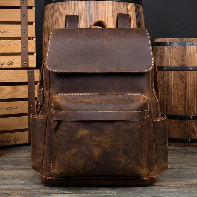 Cowhide shoulder Backpack Laptop bags Bags School Leather Seamless Travel Rucksack Male Men Book bag Supportive Daypack Crazy Genuine Vintage Horse