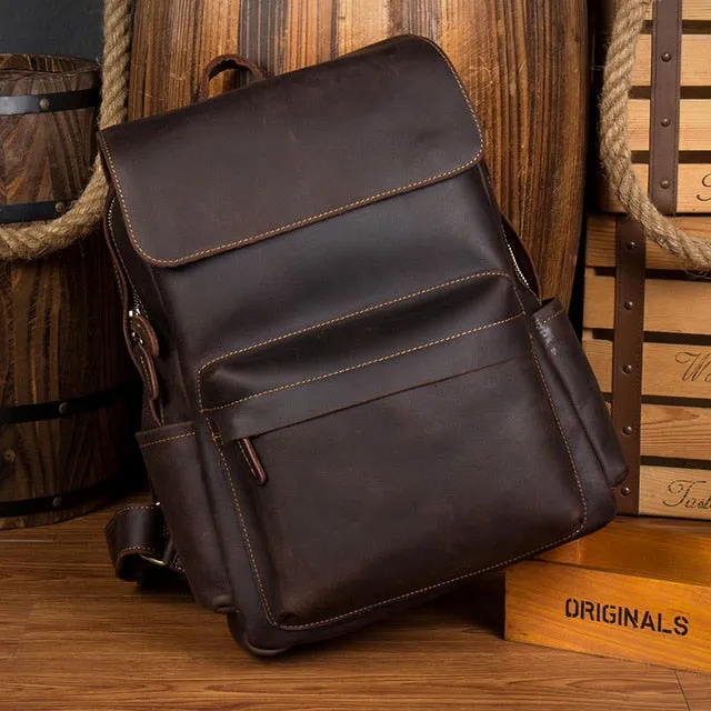 Cowhide shoulder Backpack Laptop bags Bags School Leather Seamless Travel Rucksack Male Men Book bag Supportive Daypack Crazy Genuine Vintage Horse