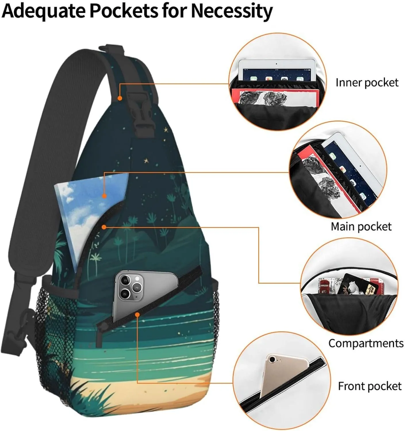 Crossbody Sling Backpack Sling Bag For Men Women Cross Chest Bag Shoulder Bag Beach Illustration Travel Hiking Daypack
