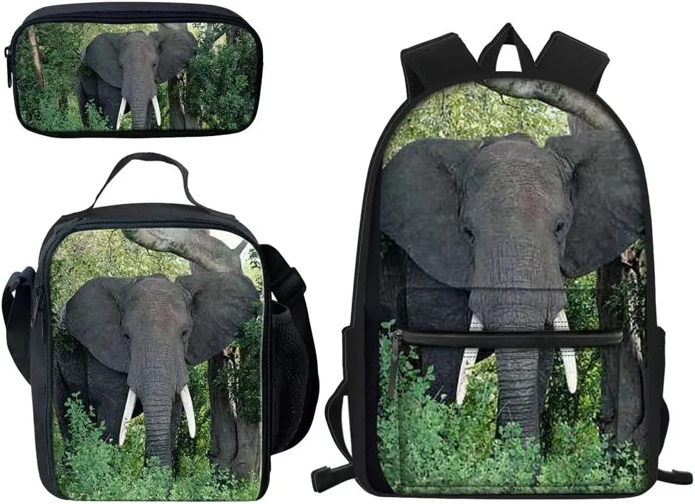 Cumagical Children Backpack SchoolBag Lunch Picnic Bag Pencil Case for Kids Boys Girls, Elephant Print Set of 3