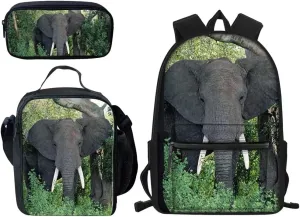 Cumagical Children Backpack SchoolBag Lunch Picnic Bag Pencil Case for Kids Boys Girls, Elephant Print Set of 3