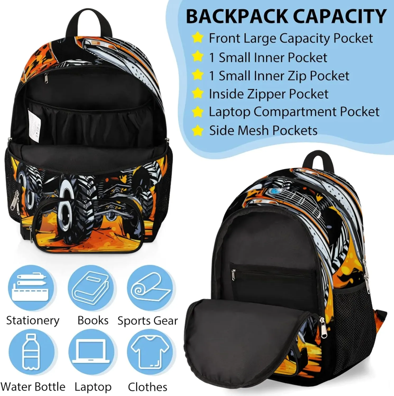 Custom Backpack Lunch Bag Sets, Customized Monster Truck Lunch Box and Backpack with Name, Personalized Shoulder Bag Daypack, Vintage Vehicle