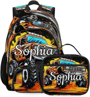 Custom Backpack Lunch Bag Sets, Customized Monster Truck Lunch Box and Backpack with Name, Personalized Shoulder Bag Daypack, Vintage Vehicle