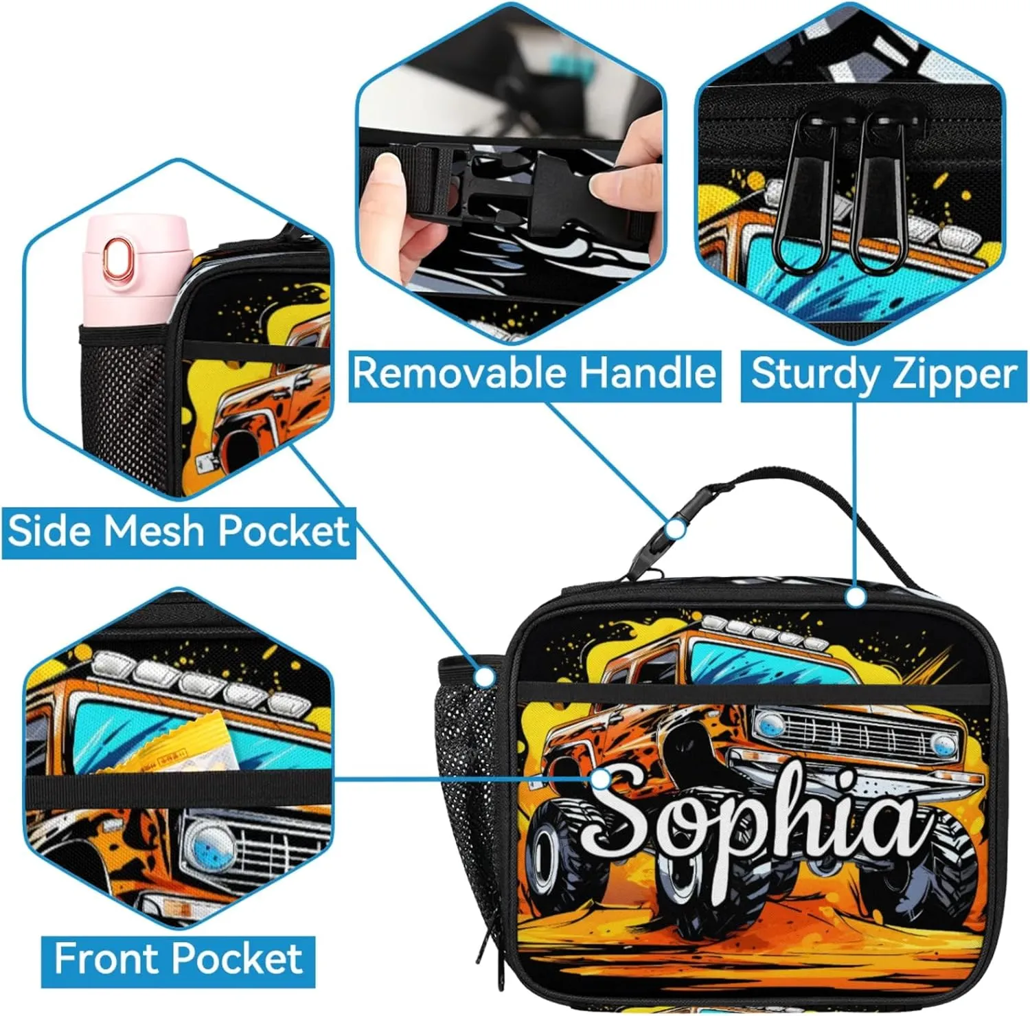 Custom Backpack Lunch Bag Sets, Customized Monster Truck Lunch Box and Backpack with Name, Personalized Shoulder Bag Daypack, Vintage Vehicle