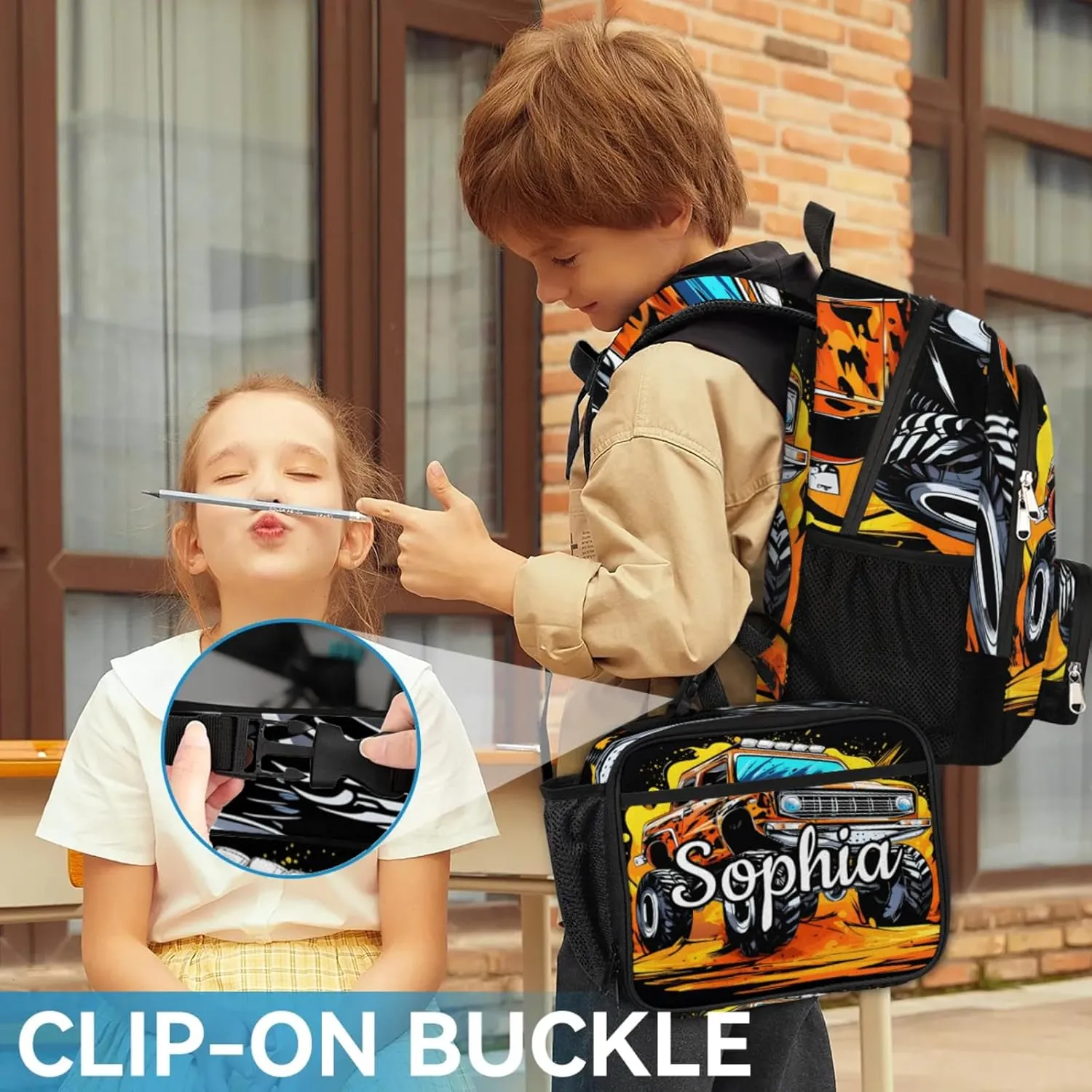 Custom Backpack Lunch Bag Sets, Customized Monster Truck Lunch Box and Backpack with Name, Personalized Shoulder Bag Daypack, Vintage Vehicle