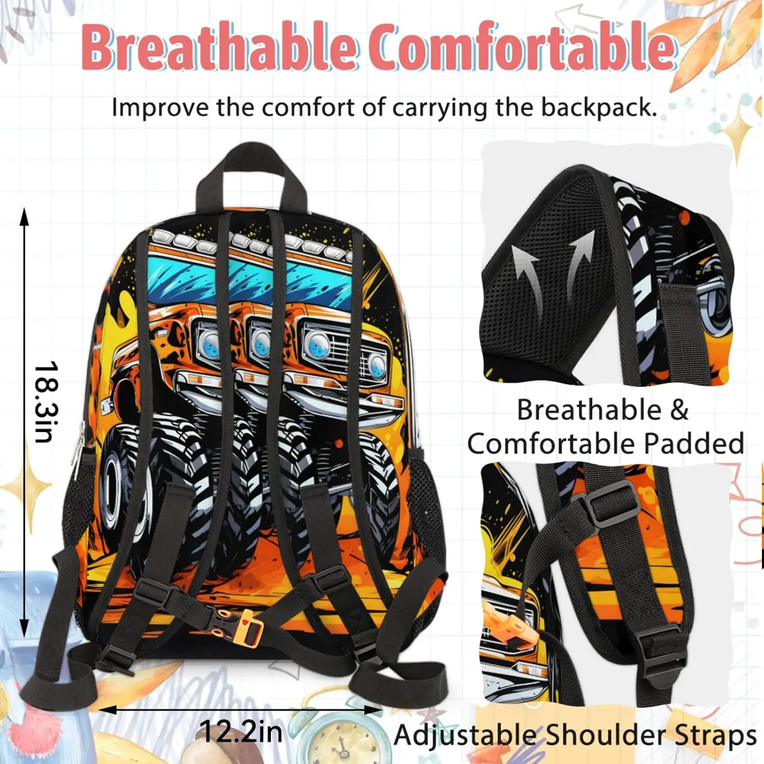 Custom Backpack Lunch Bag Sets, Customized Monster Truck Lunch Box and Backpack with Name, Personalized Shoulder Bag Daypack, Vintage Vehicle