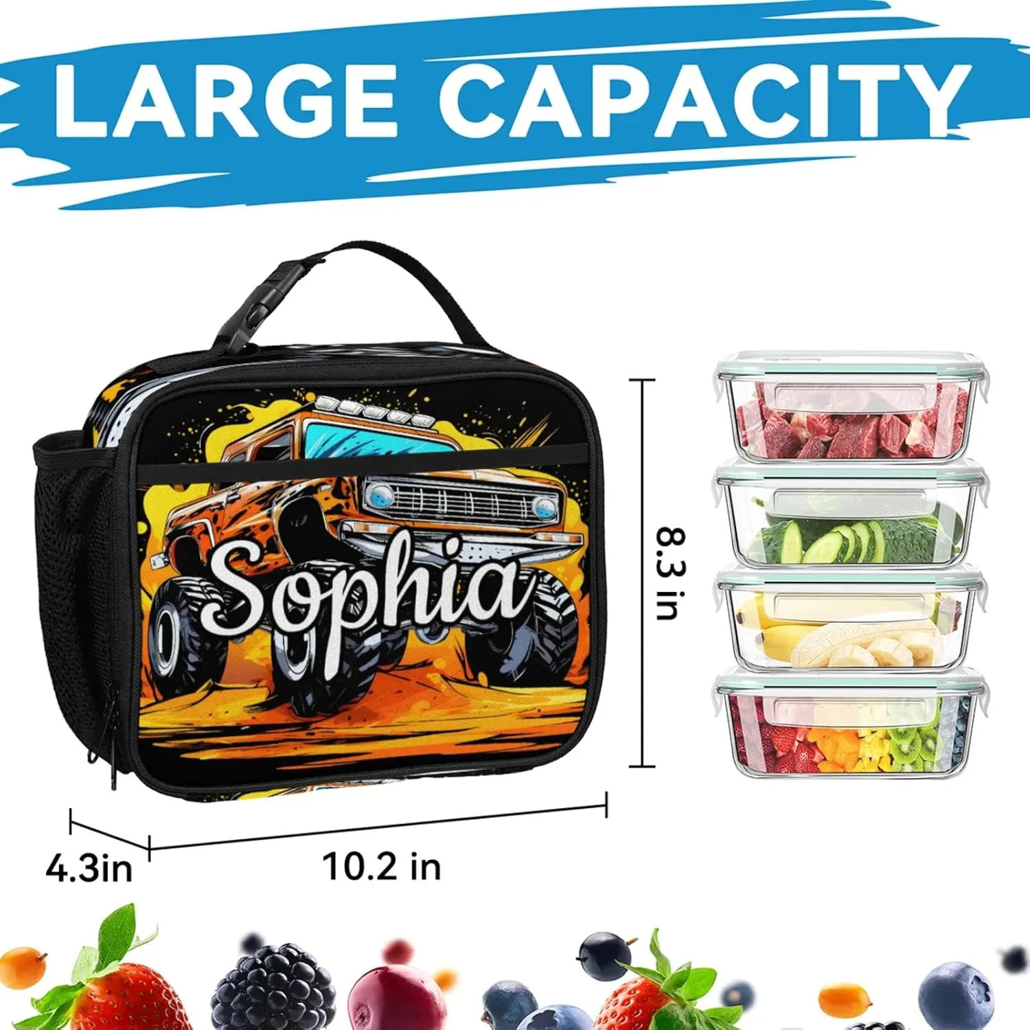 Custom Backpack Lunch Bag Sets, Customized Monster Truck Lunch Box and Backpack with Name, Personalized Shoulder Bag Daypack, Vintage Vehicle