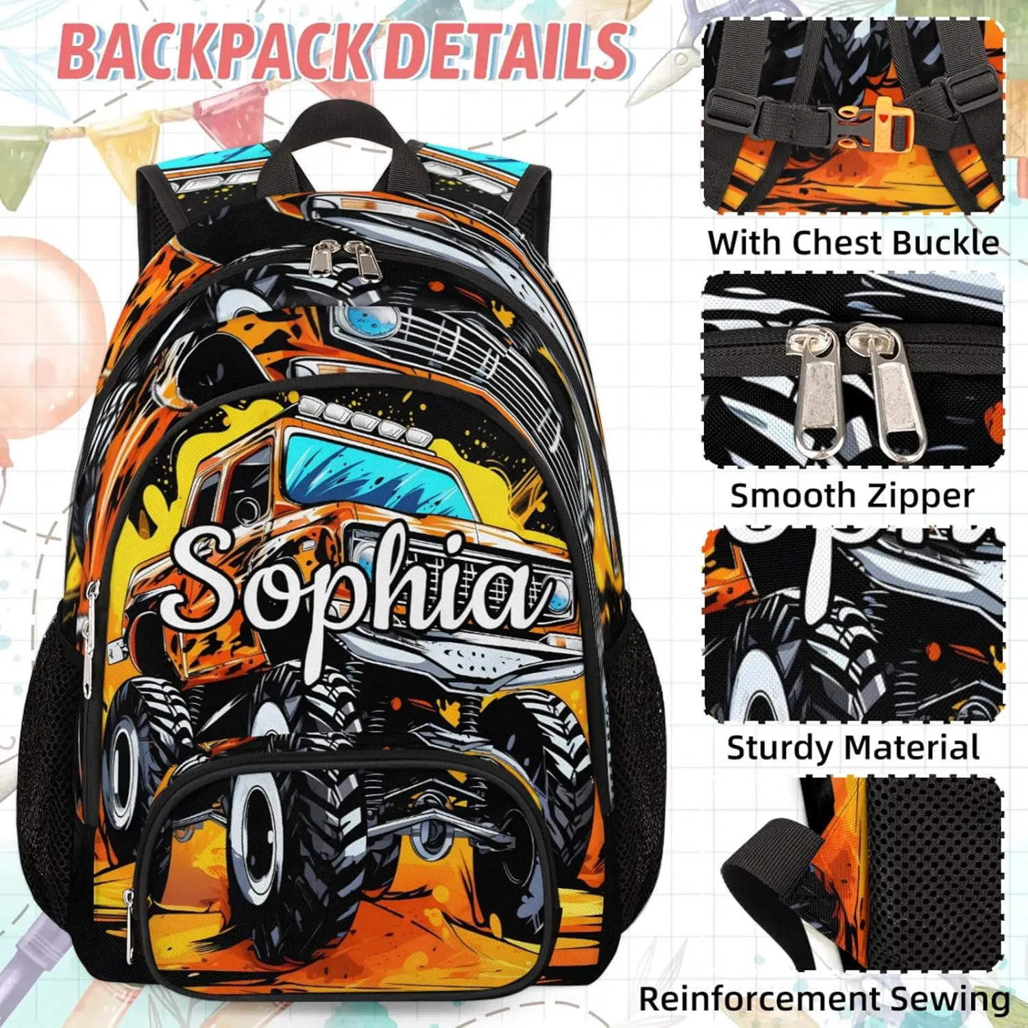 Custom Backpack Lunch Bag Sets, Customized Monster Truck Lunch Box and Backpack with Name, Personalized Shoulder Bag Daypack, Vintage Vehicle