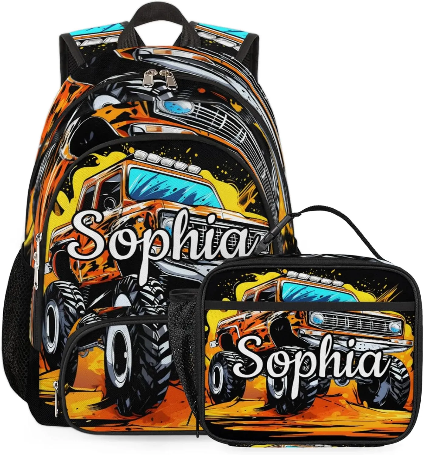 Custom Backpack Lunch Bag Sets, Customized Monster Truck Lunch Box and Backpack with Name, Personalized Shoulder Bag Daypack, Vintage Vehicle