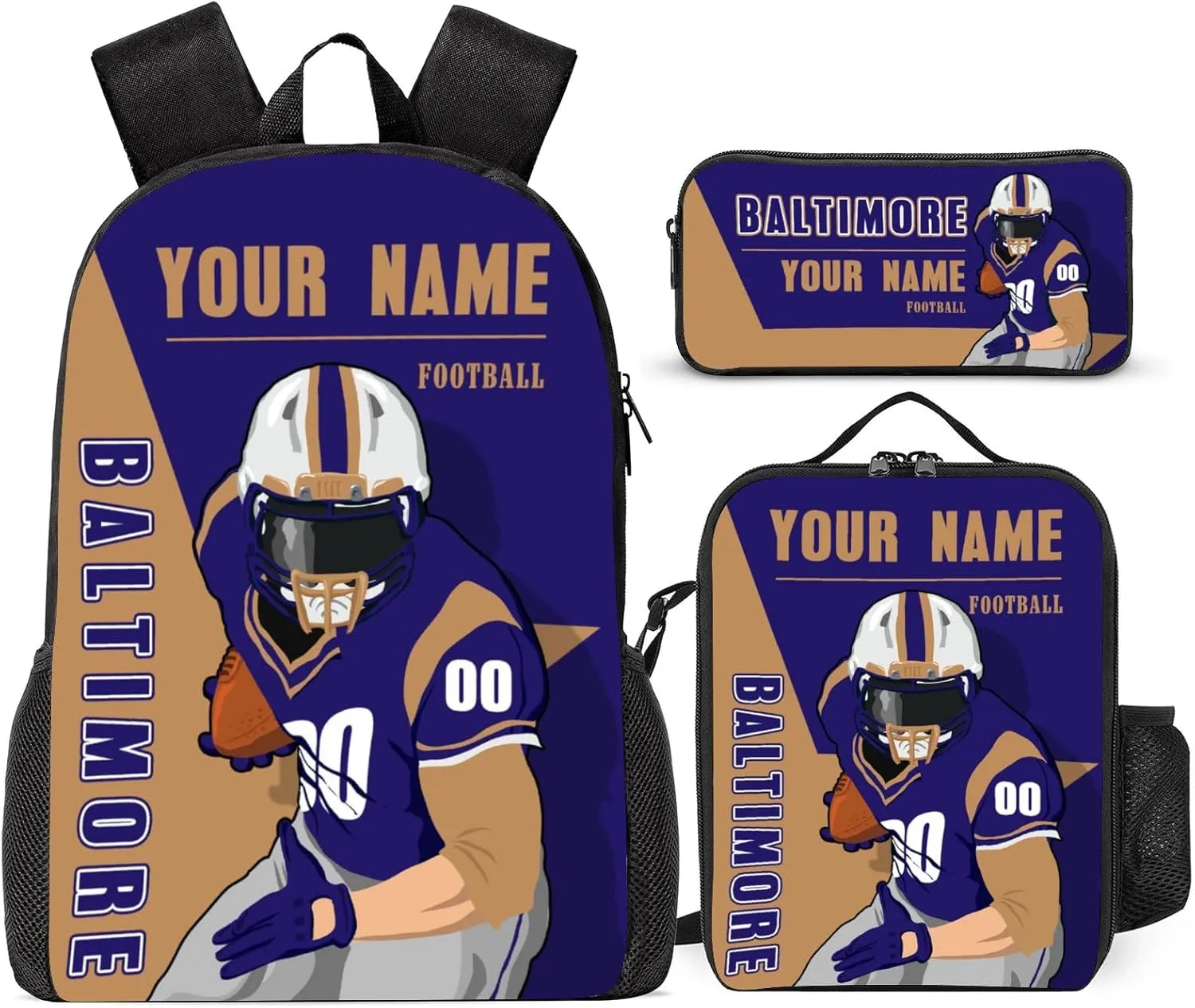 Custom Baltimore Backpack 3-Piece Set for Men Women Includes Laptop Bag Personalized Name Number Lunch Box and Pencil Case Gifts for Boys Girls Fans
