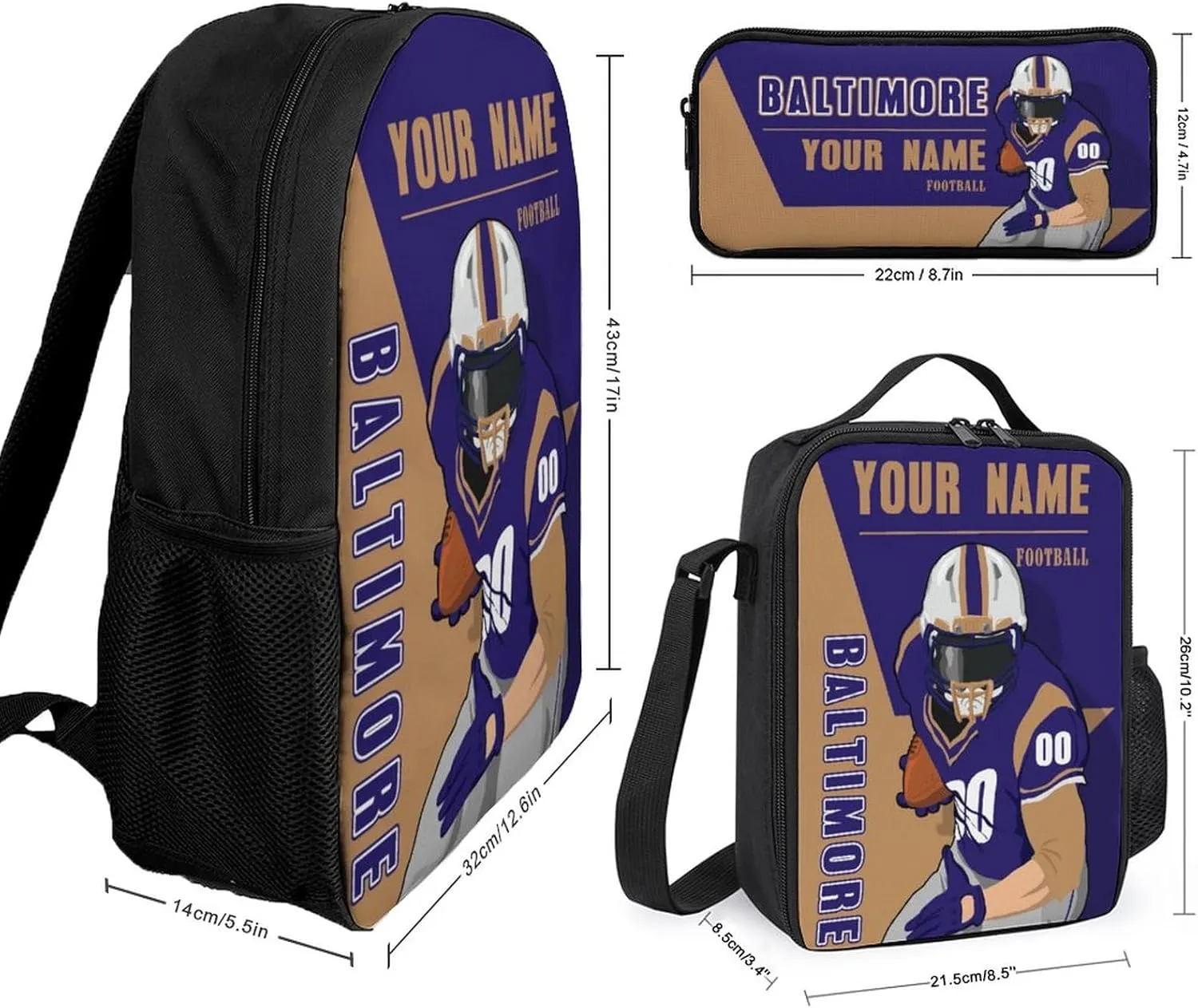Custom Baltimore Backpack 3-Piece Set for Men Women Includes Laptop Bag Personalized Name Number Lunch Box and Pencil Case Gifts for Boys Girls Fans