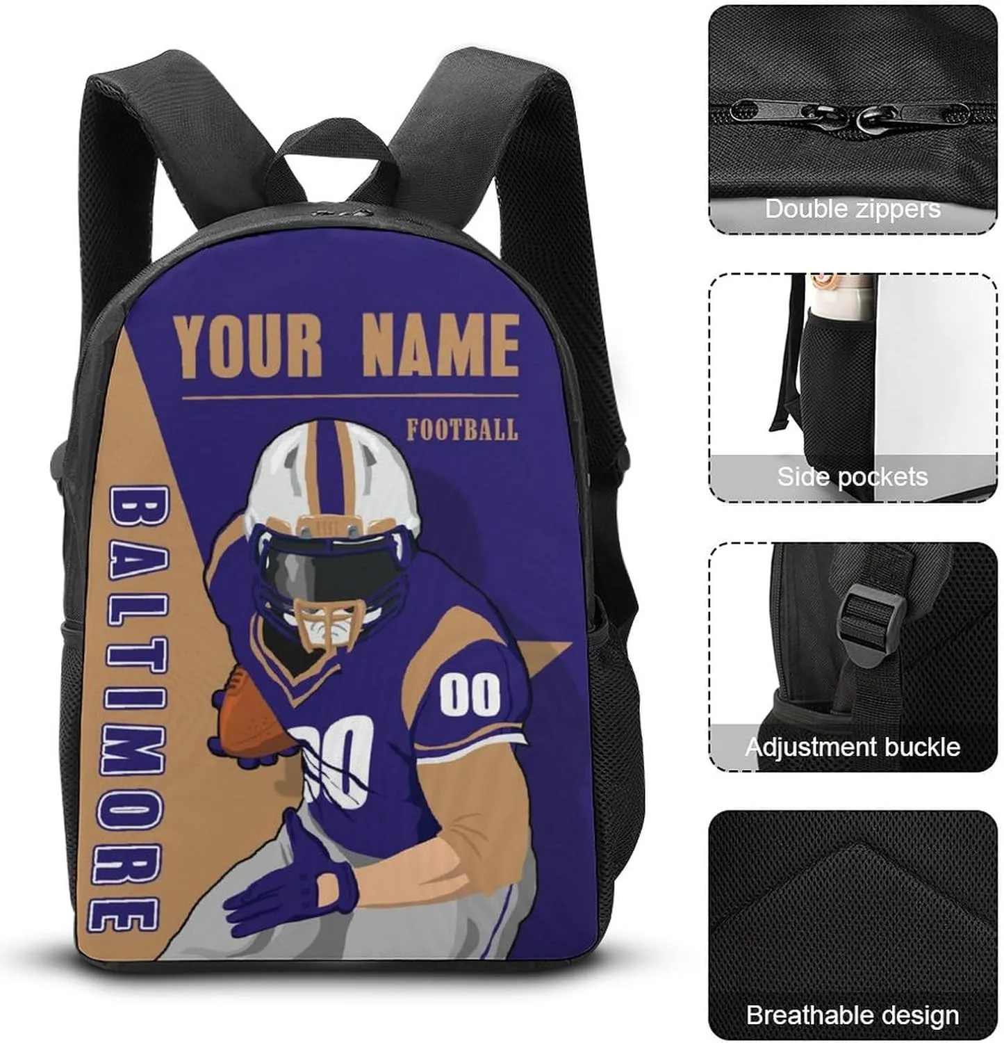 Custom Baltimore Backpack 3-Piece Set for Men Women Includes Laptop Bag Personalized Name Number Lunch Box and Pencil Case Gifts for Boys Girls Fans