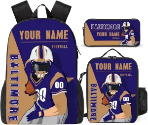 Custom Baltimore Backpack 3-Piece Set for Men Women Includes Laptop Bag Personalized Name Number Lunch Box and Pencil Case Gifts for Boys Girls Fans