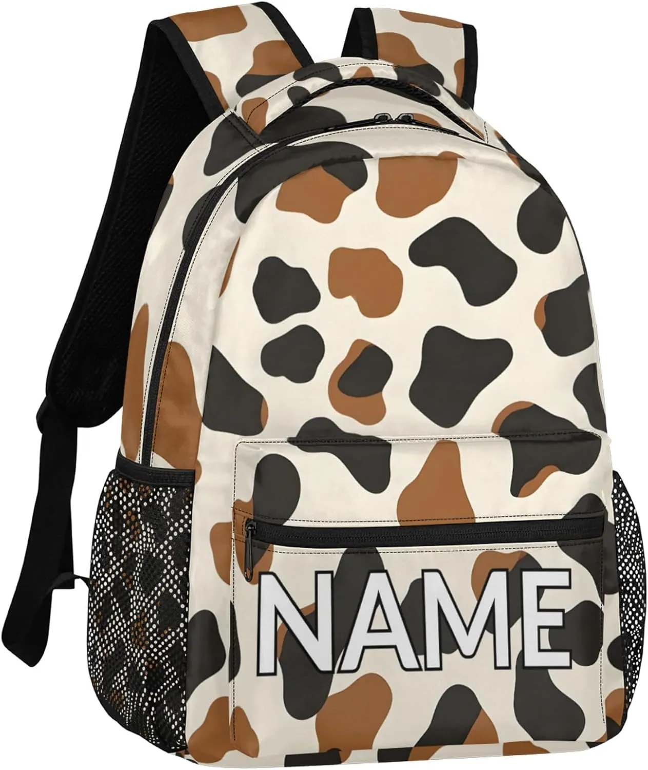 Custom Brown Cow Print Backpack with Name Personalized Waterproof Casual Daypack Rustic Vintage Customize Laptop Backpacks for Women Men