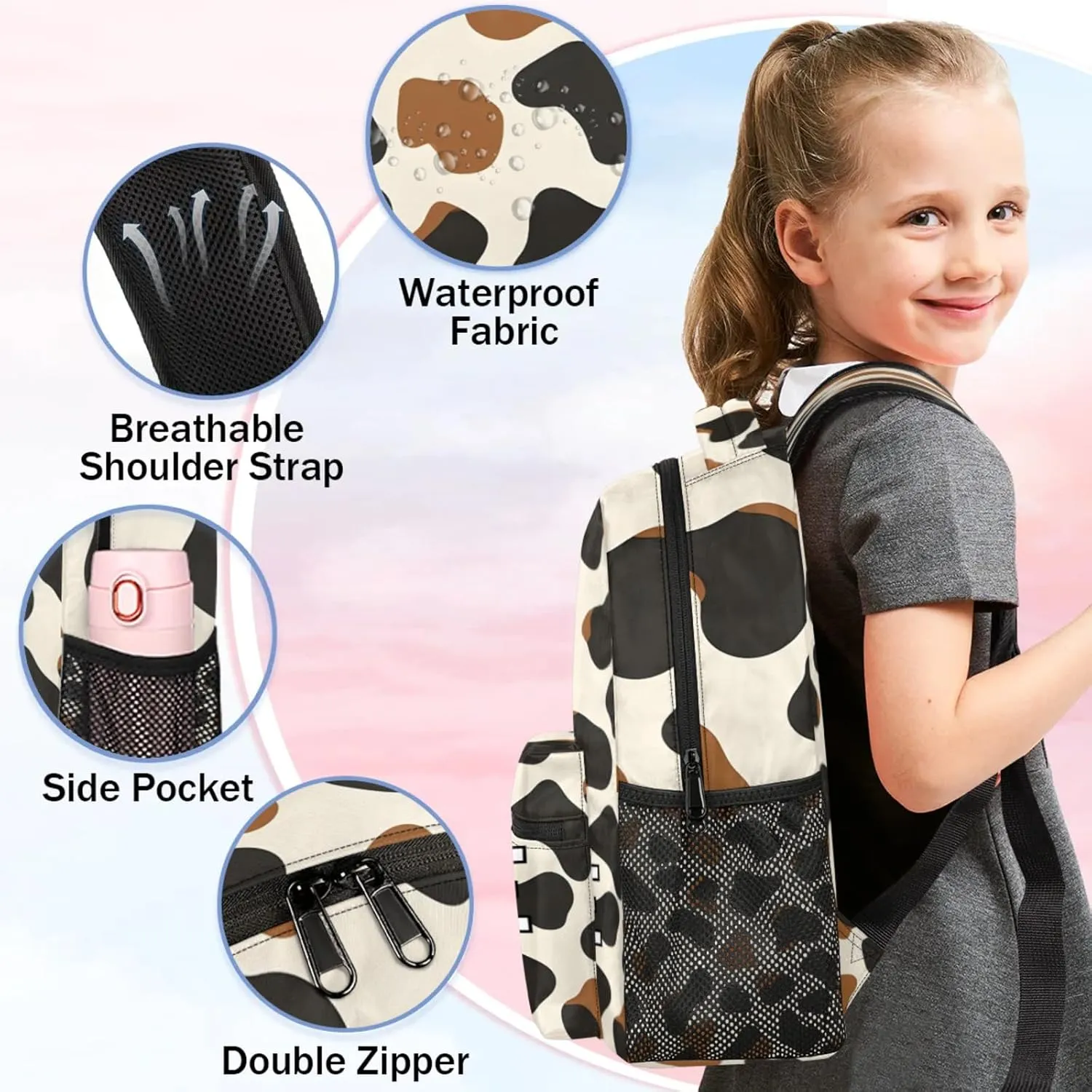 Custom Brown Cow Print Backpack with Name Personalized Waterproof Casual Daypack Rustic Vintage Customize Laptop Backpacks for Women Men