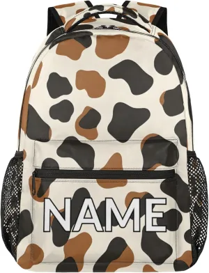 Custom Brown Cow Print Backpack with Name Personalized Waterproof Casual Daypack Rustic Vintage Customize Laptop Backpacks for Women Men