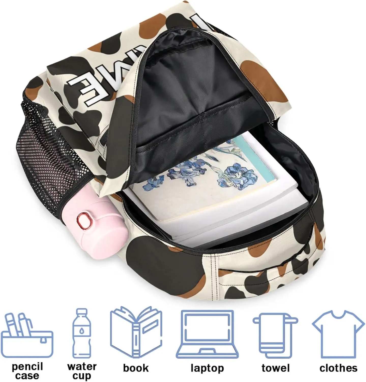 Custom Brown Cow Print Backpack with Name Personalized Waterproof Casual Daypack Rustic Vintage Customize Laptop Backpacks for Women Men
