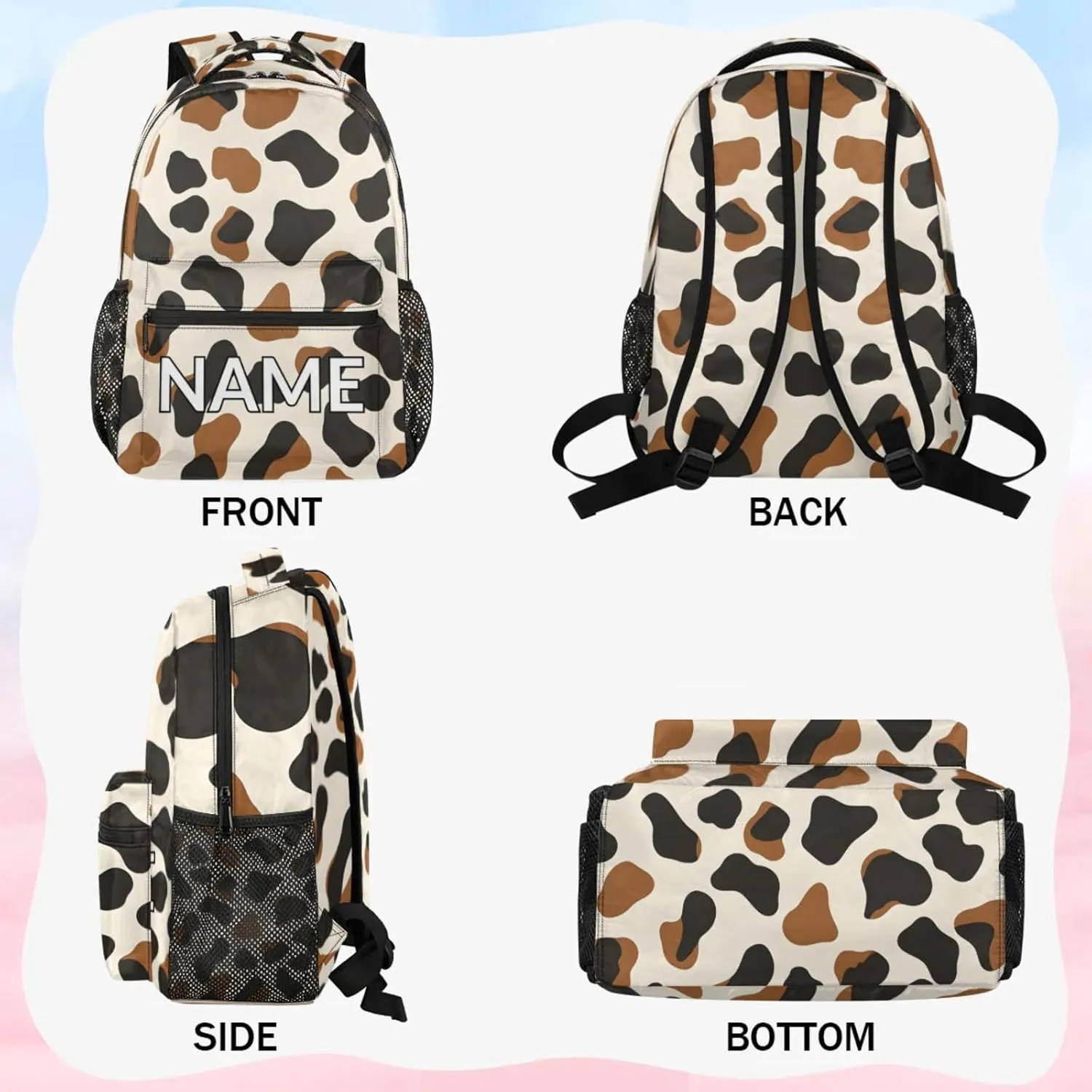 Custom Brown Cow Print Backpack with Name Personalized Waterproof Casual Daypack Rustic Vintage Customize Laptop Backpacks for Women Men