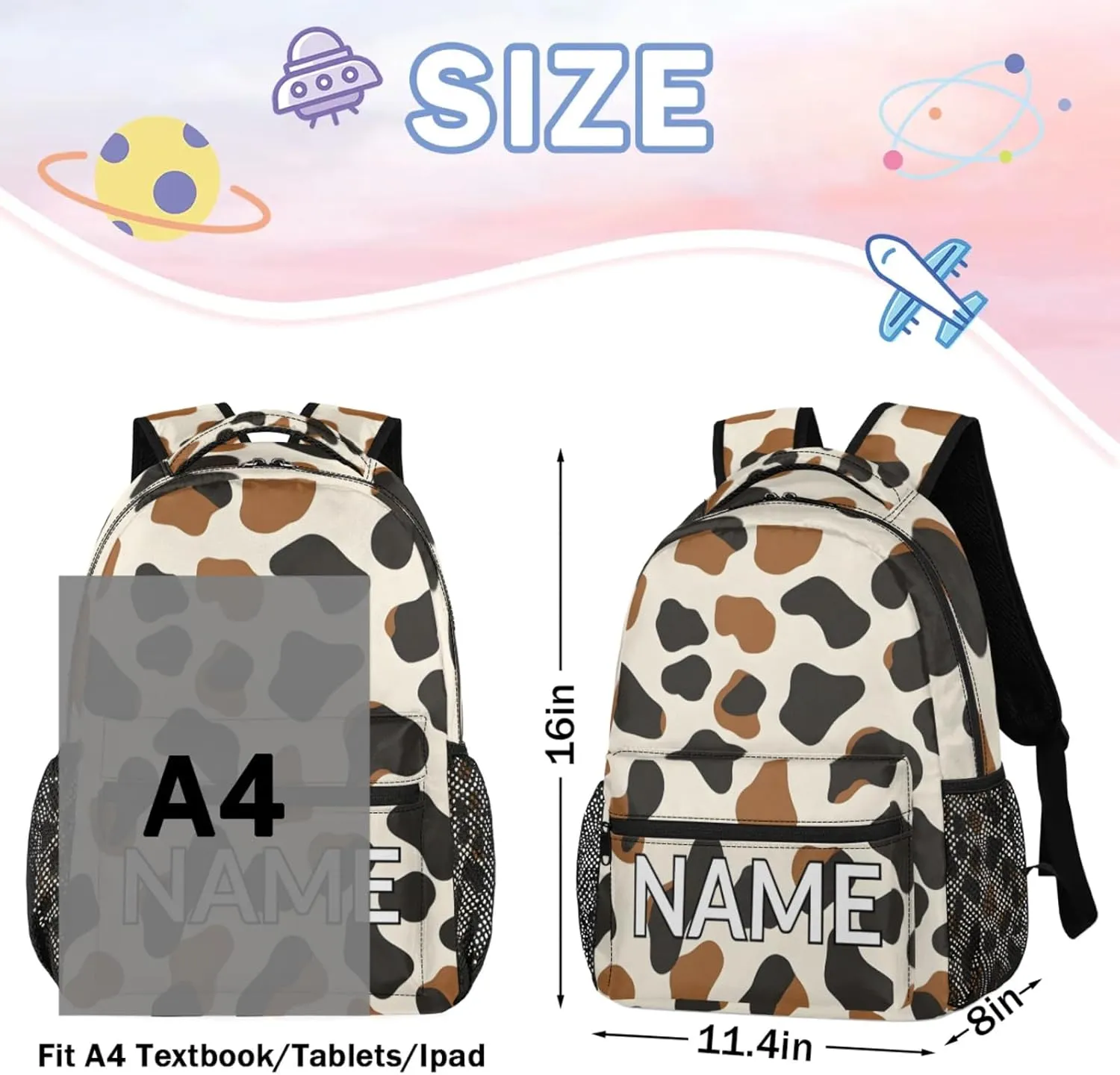 Custom Brown Cow Print Backpack with Name Personalized Waterproof Casual Daypack Rustic Vintage Customize Laptop Backpacks for Women Men