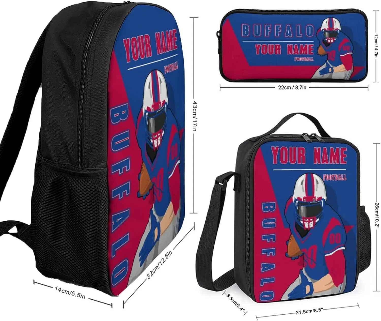Custom Buffalo Backpack 3-Piece Set for Men Women Includes Laptop Bag Personalized Name Number Lunch Box and Pencil Case Gifts for Boys Girls Fans