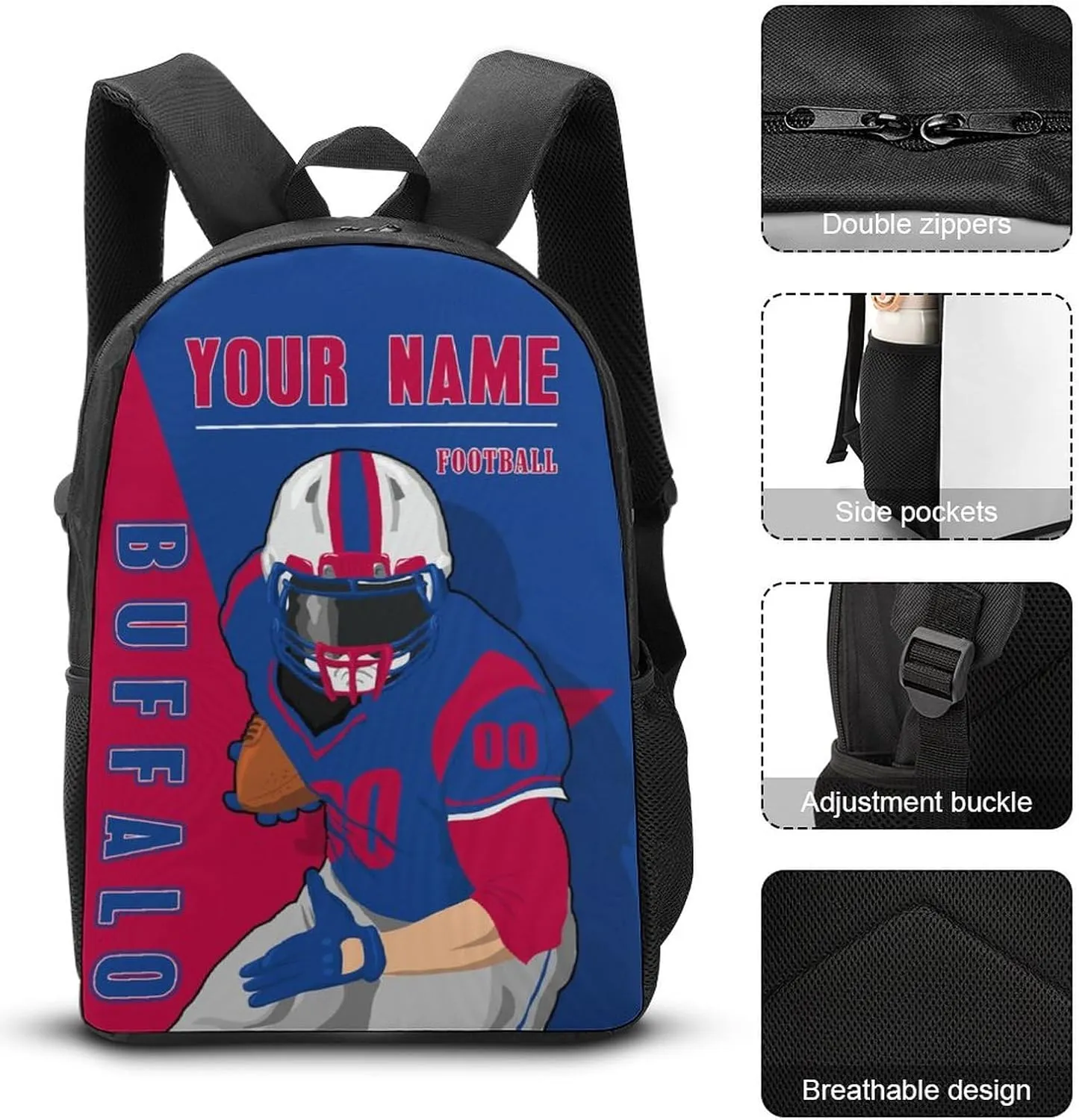 Custom Buffalo Backpack 3-Piece Set for Men Women Includes Laptop Bag Personalized Name Number Lunch Box and Pencil Case Gifts for Boys Girls Fans