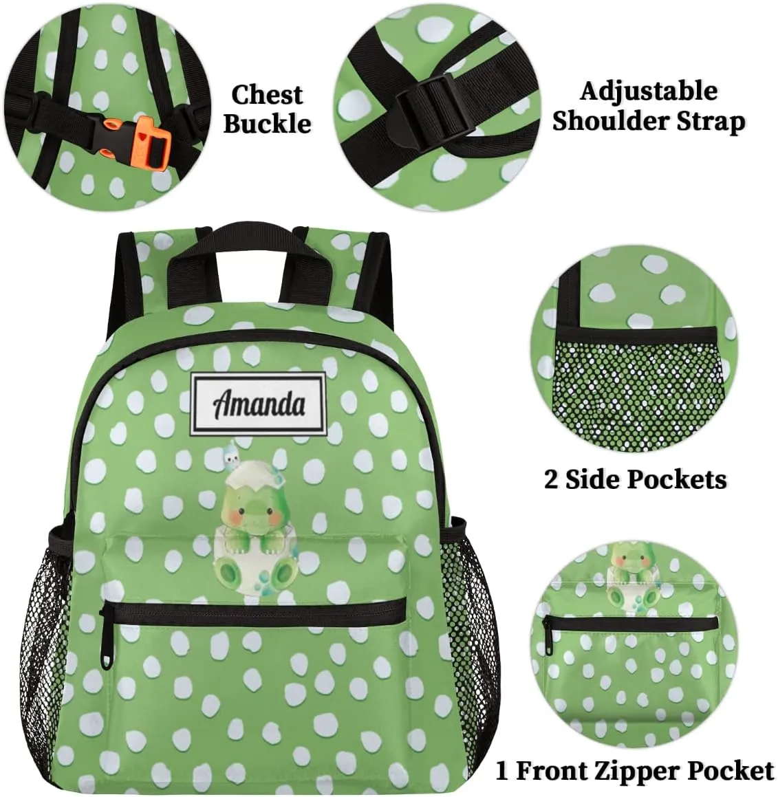 Custom Kids Name Toddler Backpack Dinosaur Bird Spot Personalized School Bookbag for Girls Boys - Dino Baby Green-1