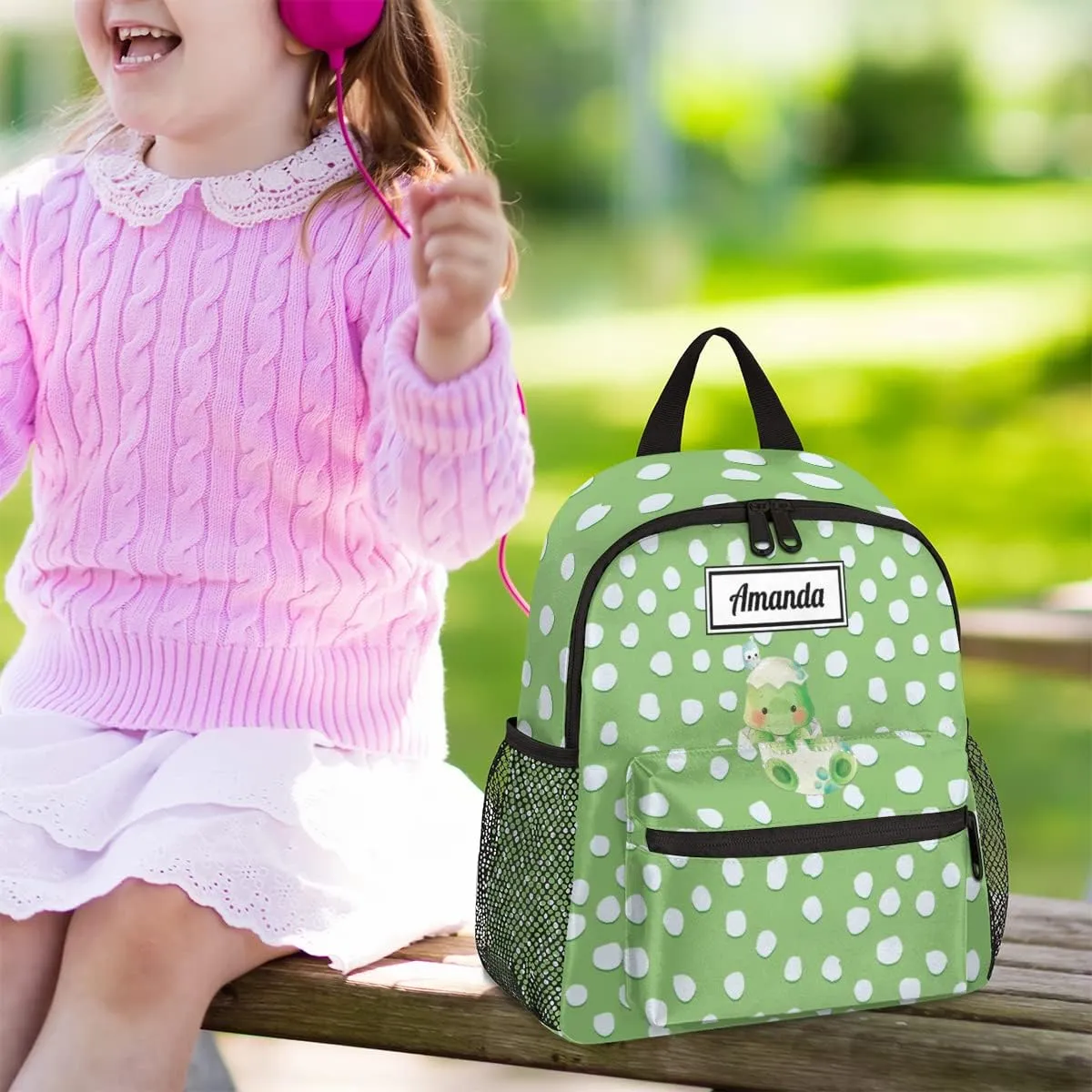 Custom Kids Name Toddler Backpack Dinosaur Bird Spot Personalized School Bookbag for Girls Boys - Dino Baby Green-1