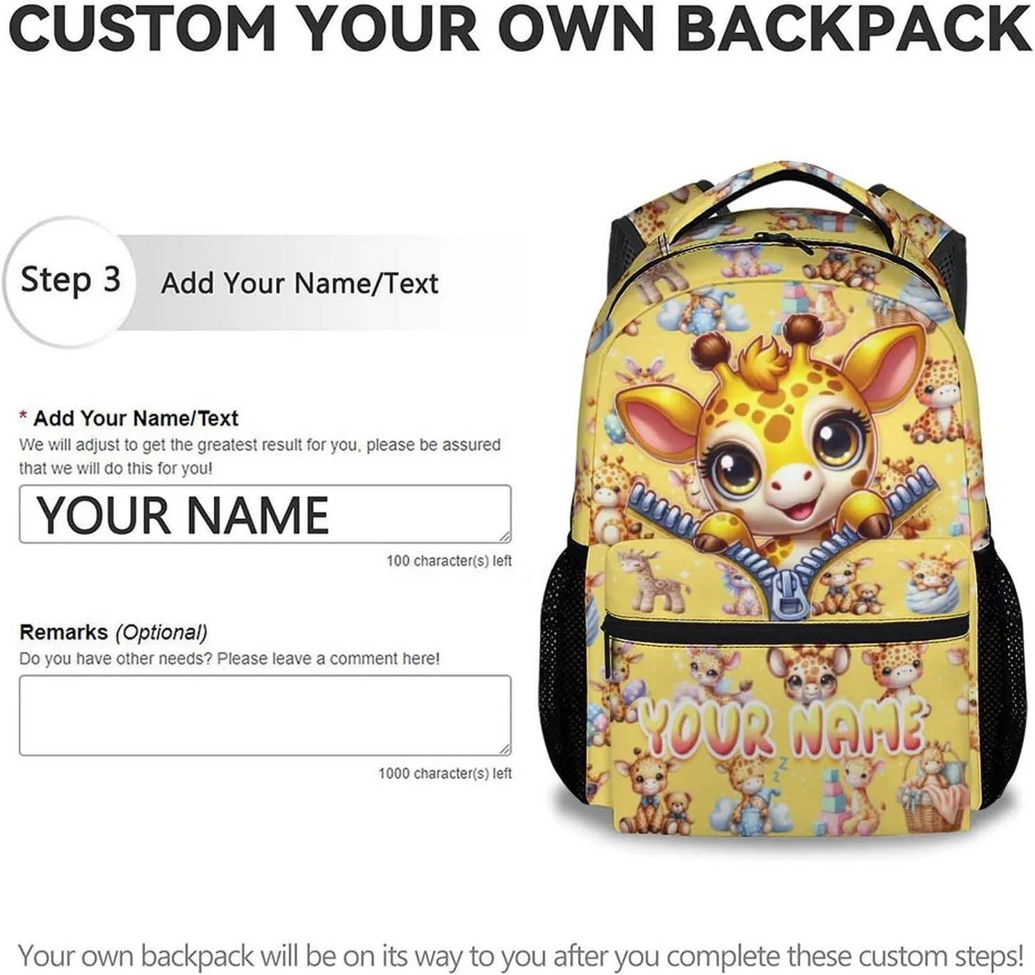 Custom School Backpack for Girls, 17 Inch Cute Giraffe Backpacks for Kindergarten, Yellow Lightweight Durable Kids Bookbag for Elementary, Preschool