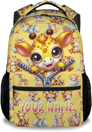 Custom School Backpack for Girls, 17 Inch Cute Giraffe Backpacks for Kindergarten, Yellow Lightweight Durable Kids Bookbag for Elementary, Preschool