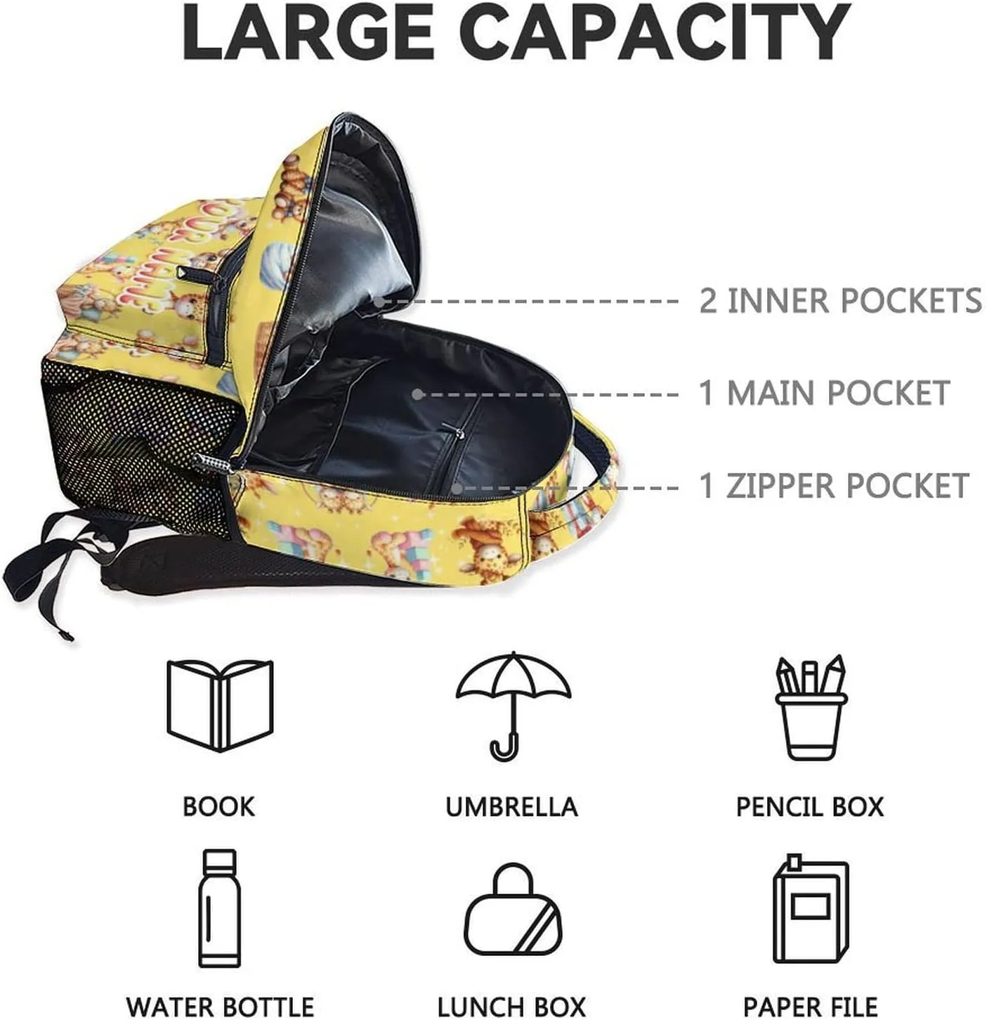 Custom School Backpack for Girls, 17 Inch Cute Giraffe Backpacks for Kindergarten, Yellow Lightweight Durable Kids Bookbag for Elementary, Preschool