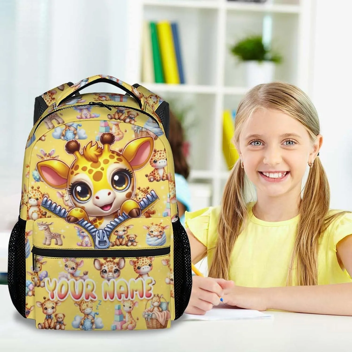 Custom School Backpack for Girls, 17 Inch Cute Giraffe Backpacks for Kindergarten, Yellow Lightweight Durable Kids Bookbag for Elementary, Preschool