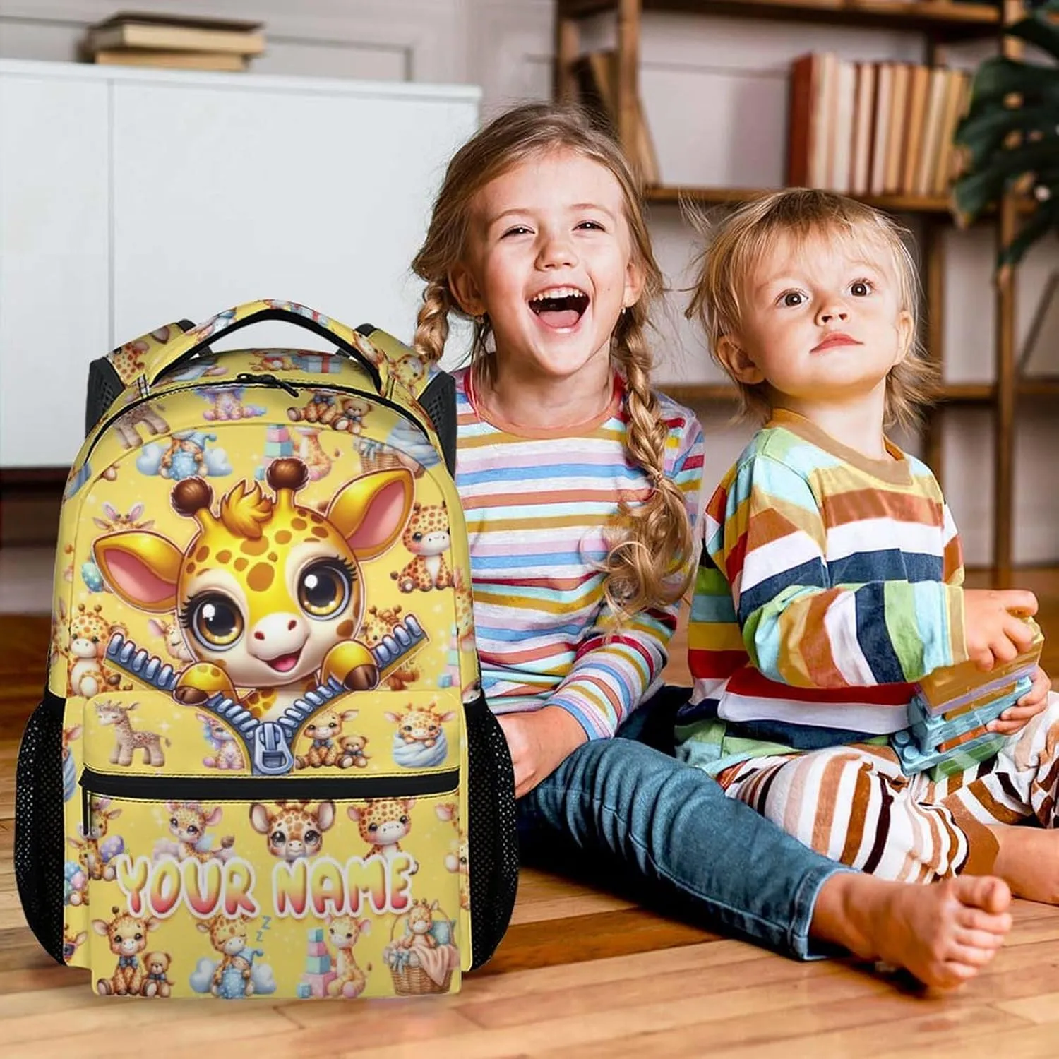 Custom School Backpack for Girls, 17 Inch Cute Giraffe Backpacks for Kindergarten, Yellow Lightweight Durable Kids Bookbag for Elementary, Preschool