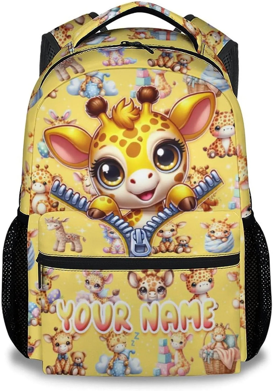 Custom School Backpack for Girls, 17 Inch Cute Giraffe Backpacks for Kindergarten, Yellow Lightweight Durable Kids Bookbag for Elementary, Preschool