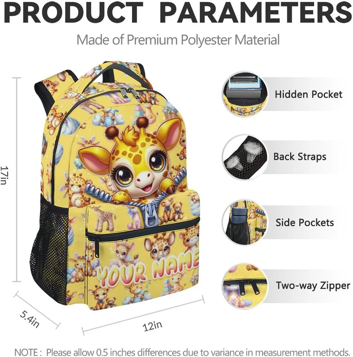 Custom School Backpack for Girls, 17 Inch Cute Giraffe Backpacks for Kindergarten, Yellow Lightweight Durable Kids Bookbag for Elementary, Preschool