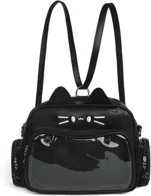 Cute Cat Ita Bag Pin Display Backpack PU Leather Tote Crossbody Bag (Black)