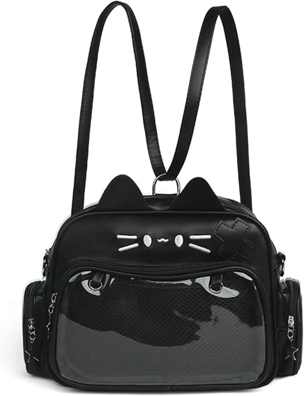 Cute Cat Ita Bag Pin Display Backpack PU Leather Tote Crossbody Bag (Black)