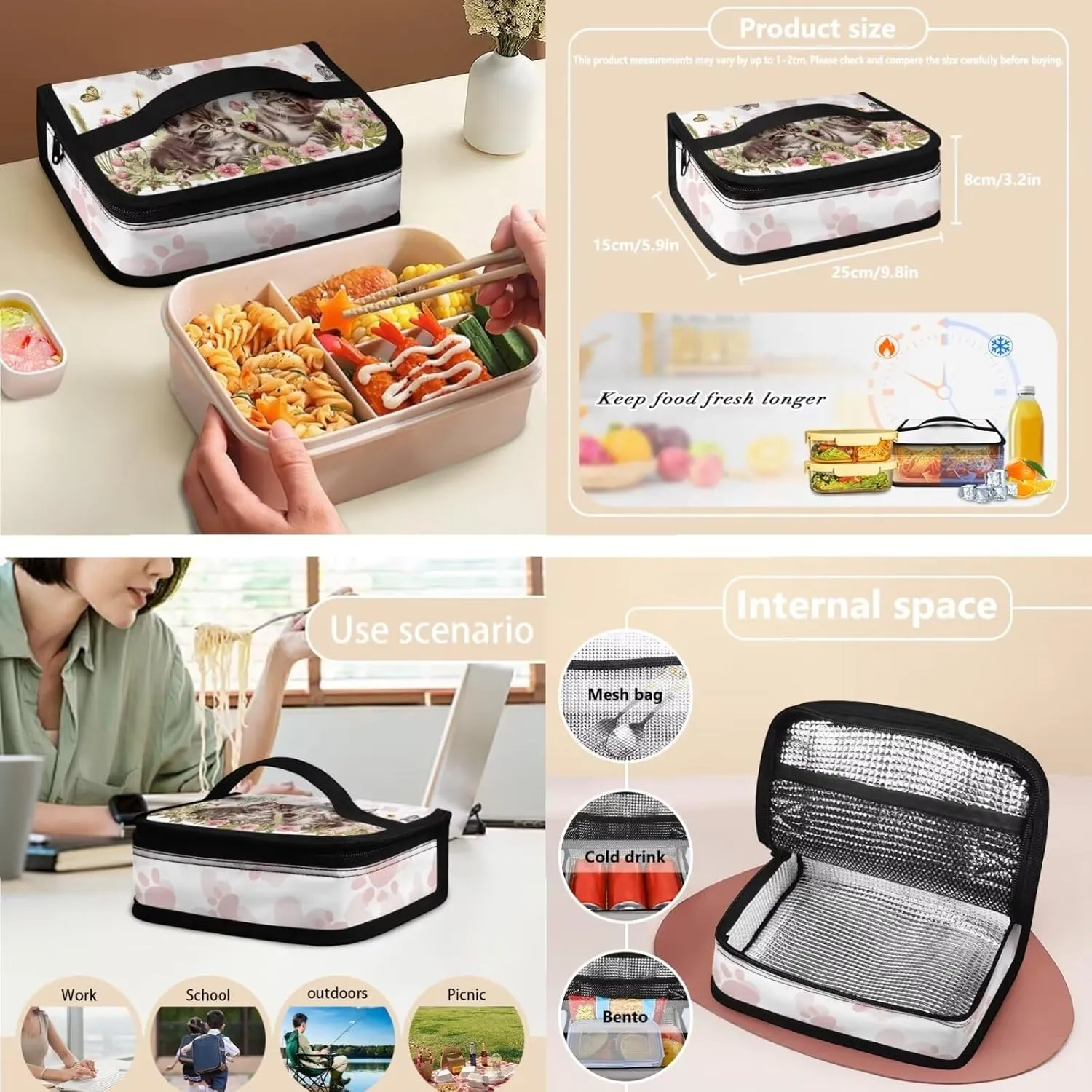 Cute Cat Middle School Backpacks for Girls Lightweight Sturdy Zippers Bookbag with Lunch Box Leakproof Large Lunch Containers for Back to School Gifts