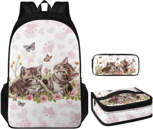 Cute Cat Middle School Backpacks for Girls Lightweight Sturdy Zippers Bookbag with Lunch Box Leakproof Large Lunch Containers for Back to School Gifts