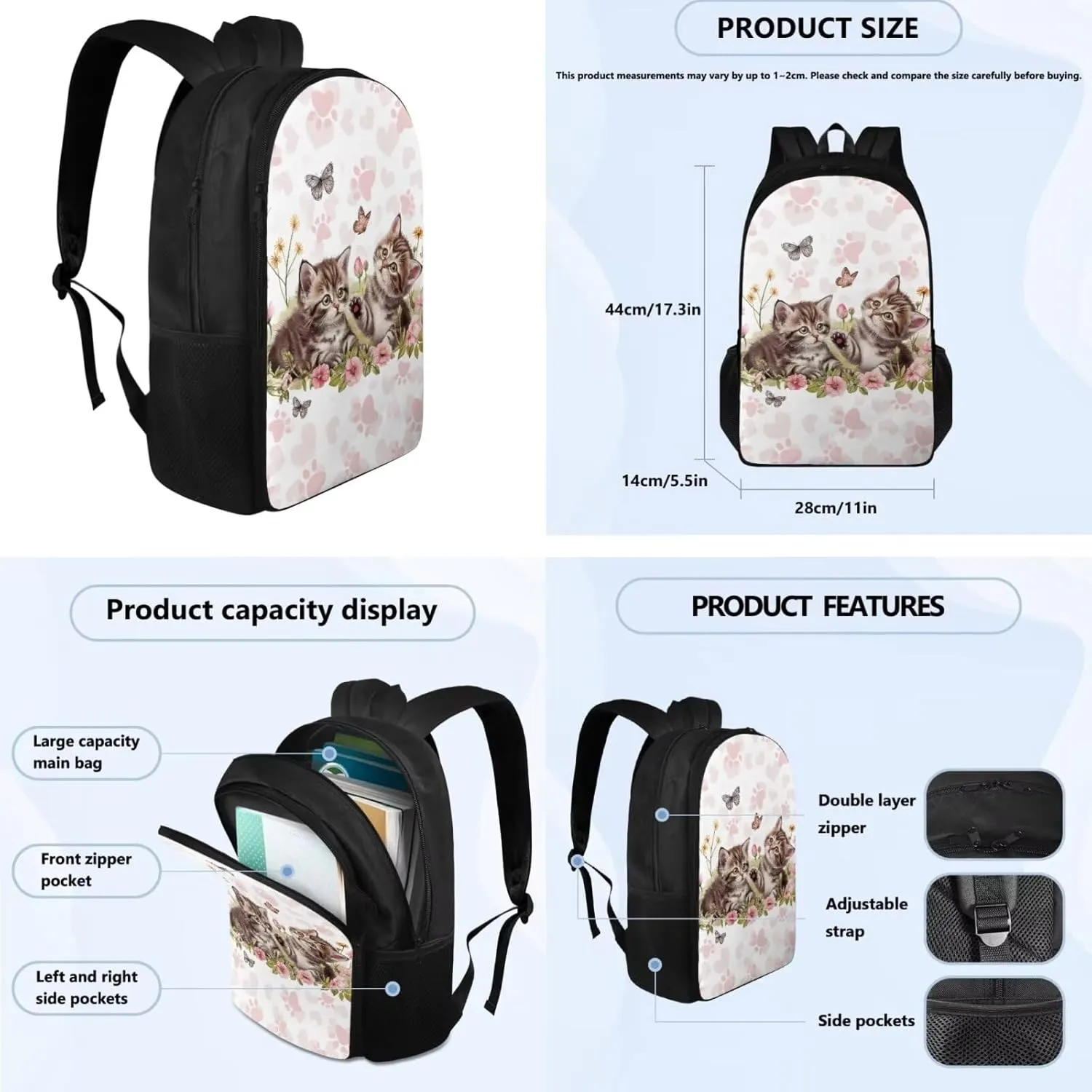 Cute Cat Middle School Backpacks for Girls Lightweight Sturdy Zippers Bookbag with Lunch Box Leakproof Large Lunch Containers for Back to School Gifts