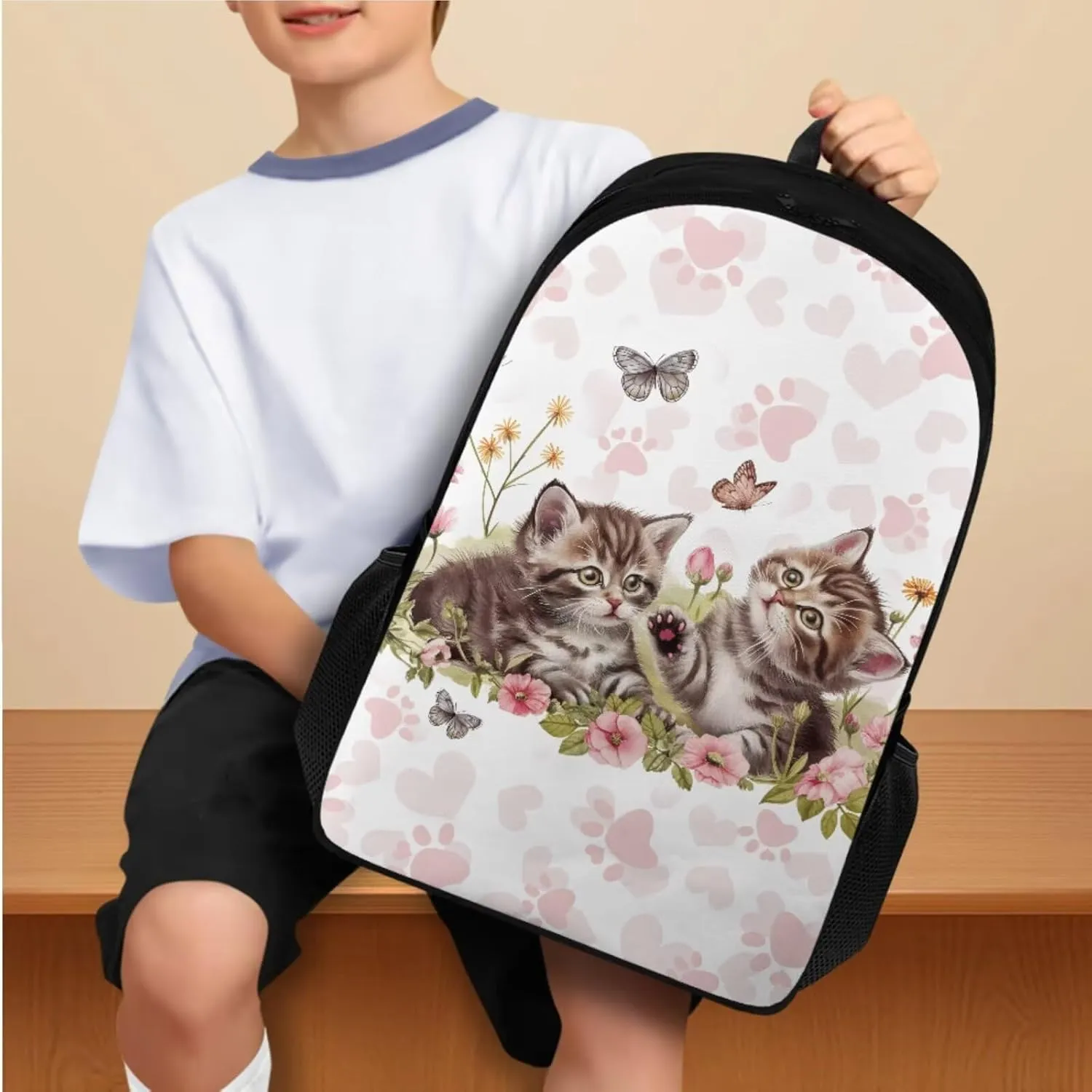 Cute Cat Middle School Backpacks for Girls Lightweight Sturdy Zippers Bookbag with Lunch Box Leakproof Large Lunch Containers for Back to School Gifts