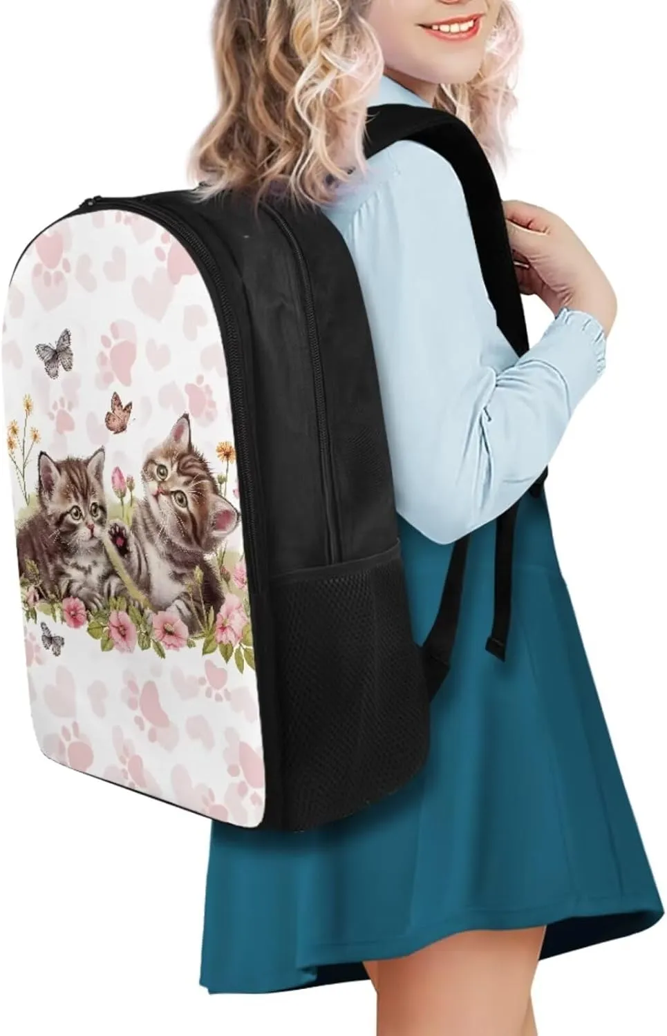 Cute Cat Middle School Backpacks for Girls Lightweight Sturdy Zippers Bookbag with Lunch Box Leakproof Large Lunch Containers for Back to School Gifts