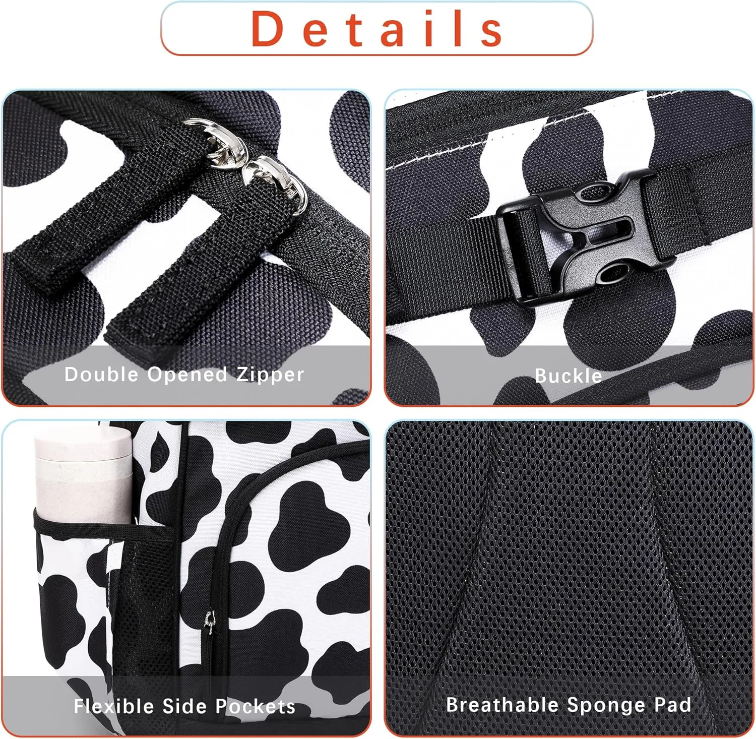 Cute Cow Print Girls Backpack for School Kids Kindergarten Backpack for Girls 3-5 (Black Cow Print)