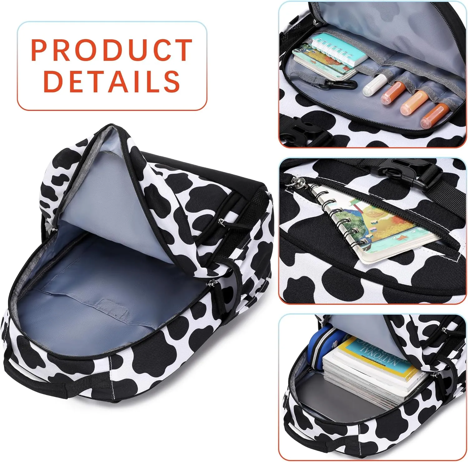 Cute Cow Print Girls Backpack for School Kids Kindergarten Backpack for Girls 3-5 (Black Cow Print)