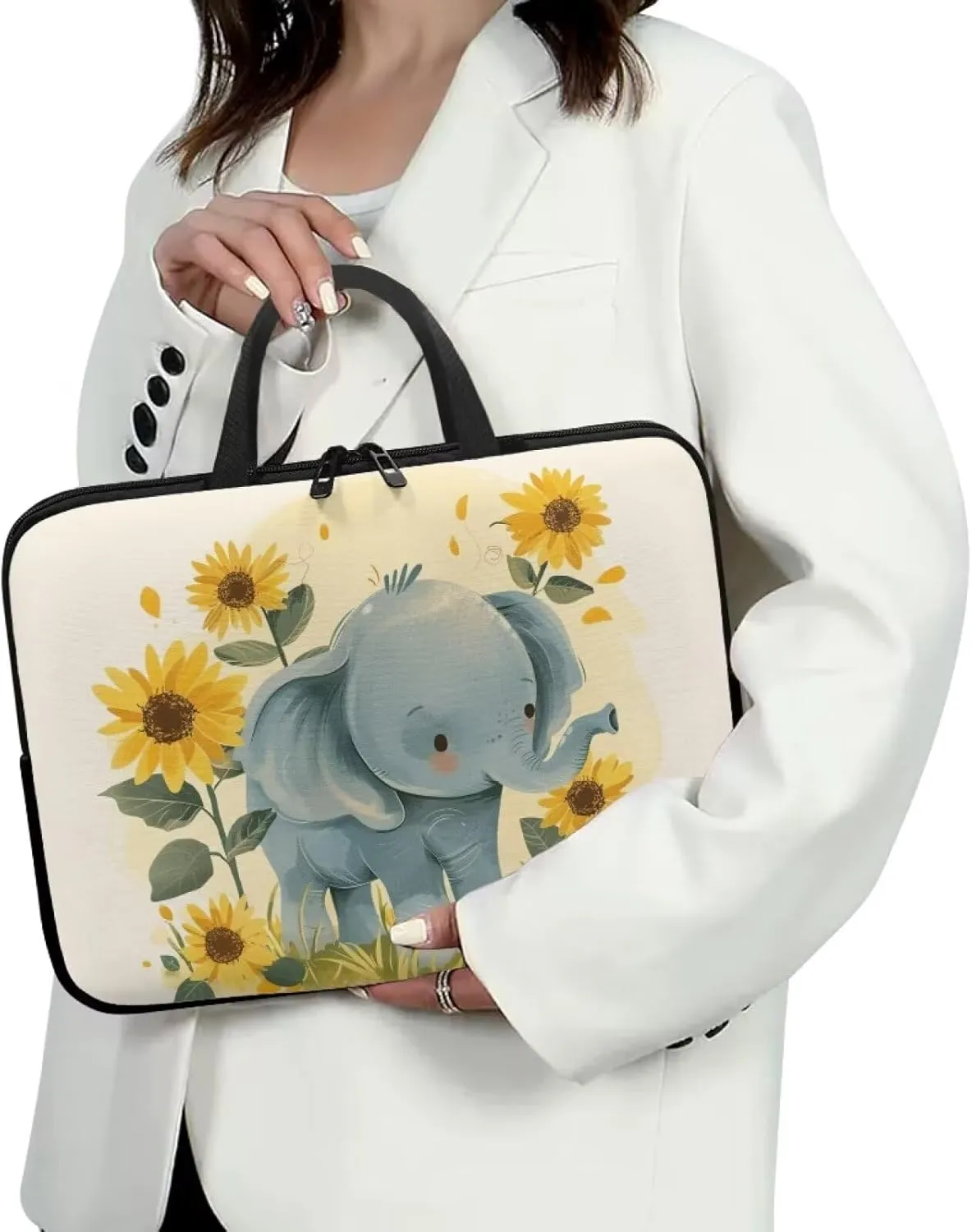 Cute Elephant Laptop Sleeve Case Sunflowers Water Resistant Laptop Cover Travel Business Computer Cover Carrying Bag Messenger Bag with Handle, 15 Inch Laptop Bag for Women