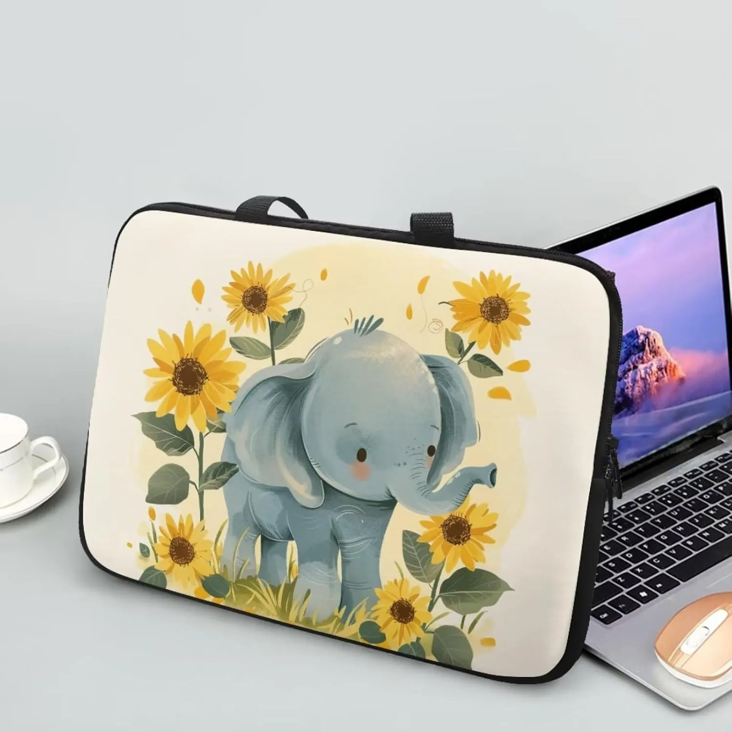 Cute Elephant Laptop Sleeve Case Sunflowers Water Resistant Laptop Cover Travel Business Computer Cover Carrying Bag Messenger Bag with Handle, 15 Inch Laptop Bag for Women