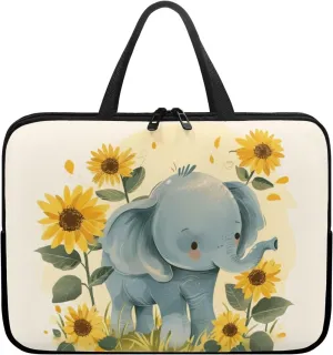 Cute Elephant Laptop Sleeve Case Sunflowers Water Resistant Laptop Cover Travel Business Computer Cover Carrying Bag Messenger Bag with Handle, 15 Inch Laptop Bag for Women